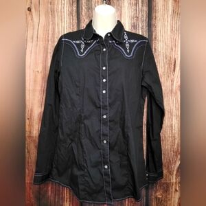 Rock 47 By Wrangler Black Western Shirt with Embroidered Details Size Medium